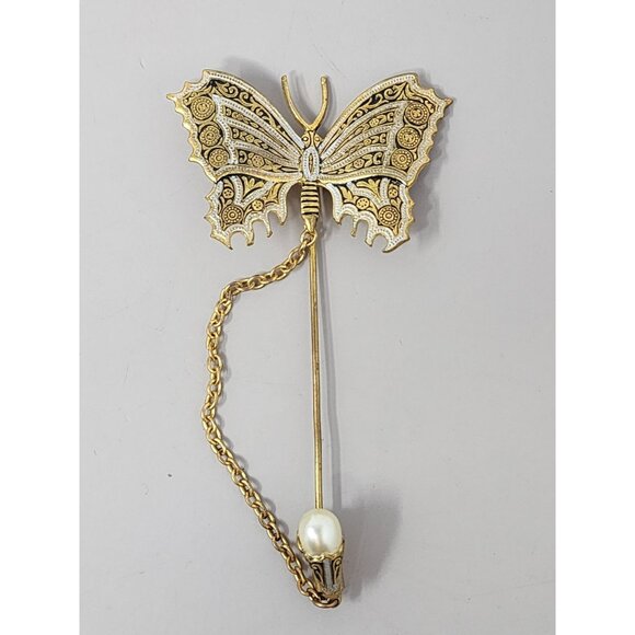 Damascene Butterfly Stick Pin With Faux Pearl Accent Gold Tone Filigree Design - Picture 1 of 7